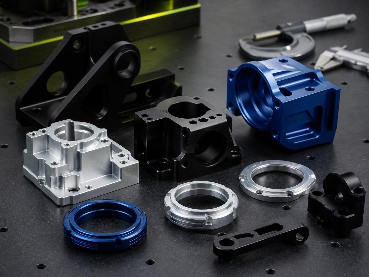 Black, blue and clear anodized CNC aluminum components
