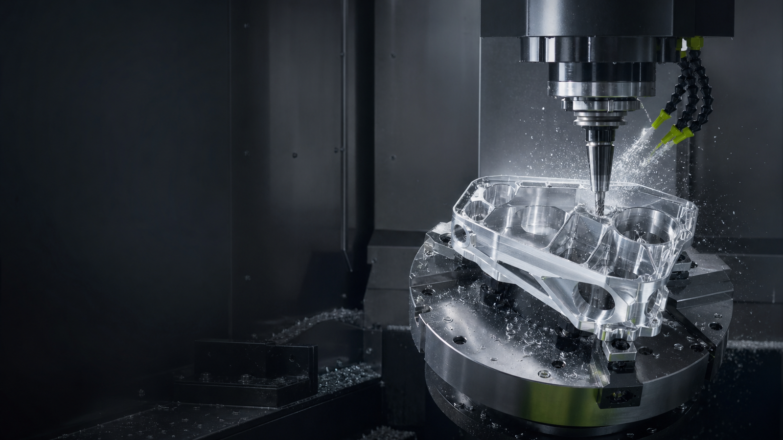 Precision aluminum component being machined on a CNC machining center