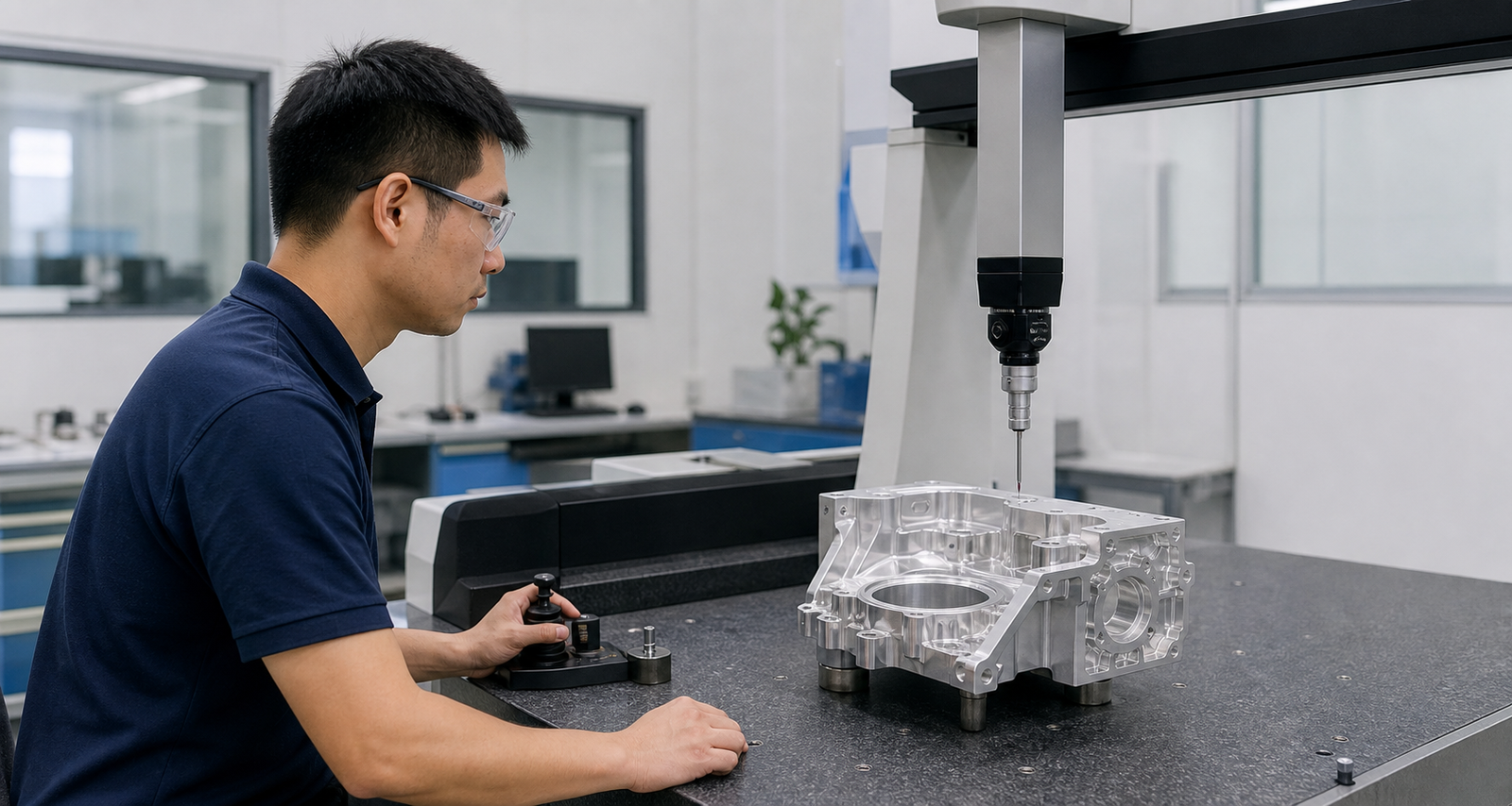 Quality inspector checking a machined aluminum component on a coordinate measuring machine