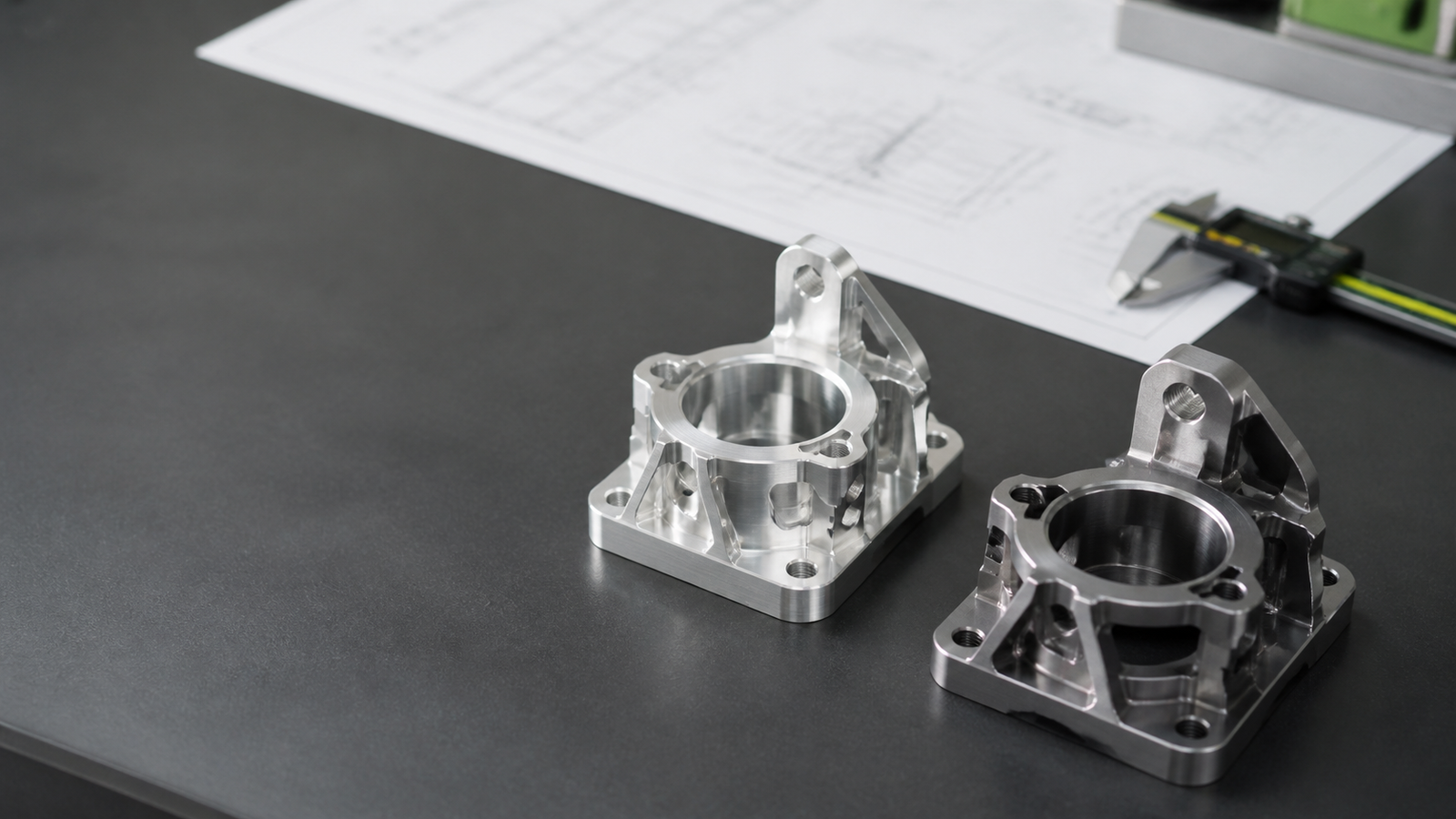 Machined aluminum components on a workbench